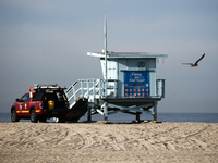 A lifeguard tower is seen on the beach in Santa Monica, United States on November 13, 2023. (