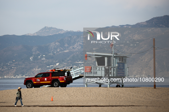 A lifeguard tower is seen on the beach in Santa Monica, United States on November 13, 2023. 