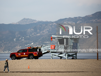 A lifeguard tower is seen on the beach in Santa Monica, United States on November 13, 2023. (