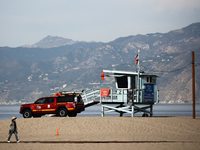 A lifeguard tower is seen on the beach in Santa Monica, United States on November 13, 2023. (