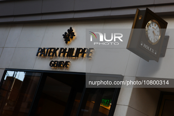 Patek Philippe and Rolex logos are seen at the store at Rodeo Drive in Beverly Hills, United States on November 13, 2023. 