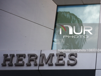 Hermes logo is seen at the store at Rodeo Drive in Beverly Hills, United States on November 13, 2023. (