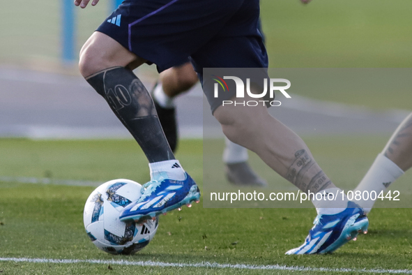 Lionel Messi kicks the ball during a training session at 'Lionel Andres Messi' Training Camp on November 14, 2023 in Ezeiza, Argentina. 