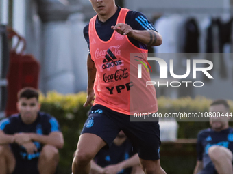 Paulo Dybala kicks the ball during a training session at 'Lionel Andres Messi' Training Camp on November 14, 2023 in Ezeiza, Argentina. (