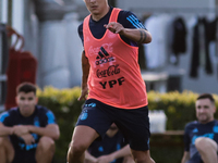 Paulo Dybala kicks the ball during a training session at 'Lionel Andres Messi' Training Camp on November 14, 2023 in Ezeiza, Argentina. (