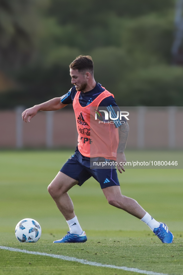 Alexis Mac Allister kicks the ball during a training session at 'Lionel Andres Messi' Training Camp on November 14, 2023 in Ezeiza, Argentin...