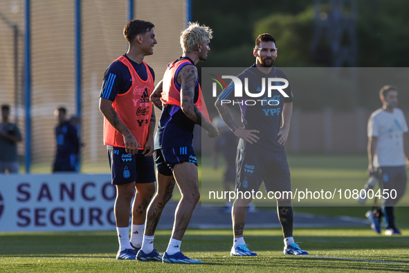 Lionel Andres Messi, Paulo Dybala and Rodrigo de Paul during a training session at the Argentine Football Association (AFA) 'Lionel Andres M...