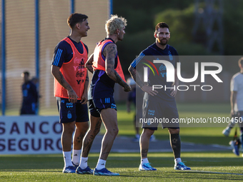 Lionel Andres Messi, Paulo Dybala and Rodrigo de Paul during a training session at the Argentine Football Association (AFA) 'Lionel Andres M...