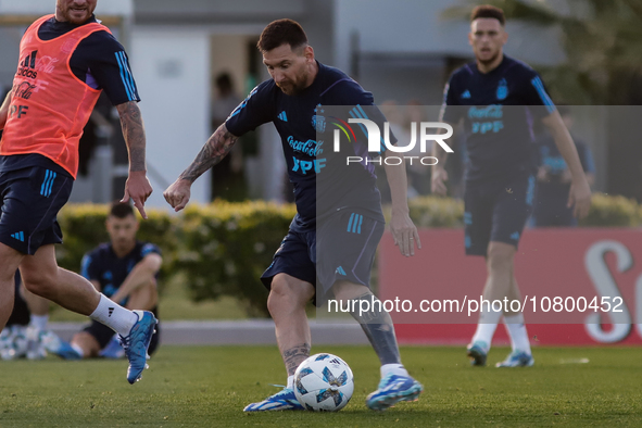 Lionel Messi kicks the ball during a training session at 'Lionel Andres Messi' Training Camp on November 14, 2023 in Ezeiza, Argentina. 