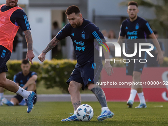 Lionel Messi kicks the ball during a training session at 'Lionel Andres Messi' Training Camp on November 14, 2023 in Ezeiza, Argentina. (