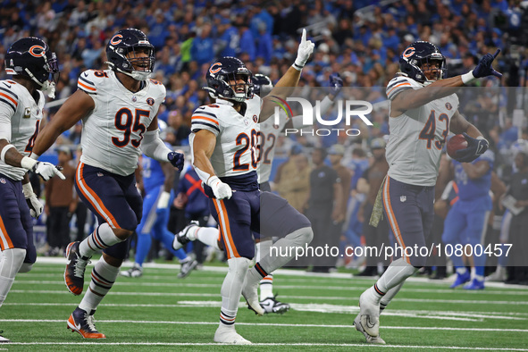 Chicago Bears linebacker DeMarquis Gates (43) celebrates after a fumble recovery during the second half of an NFL football game between the...