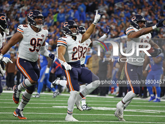 Chicago Bears linebacker DeMarquis Gates (43) celebrates after a fumble recovery during the second half of an NFL football game between the...