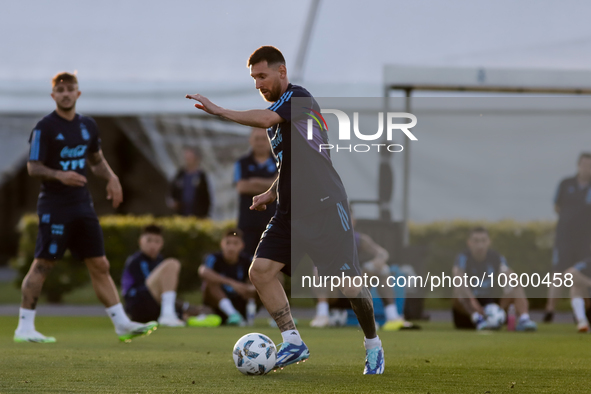 Lionel Messi kicks the ball during a training session at 'Lionel Andres Messi' Training Camp on November 14, 2023 in Ezeiza, Argentina. 