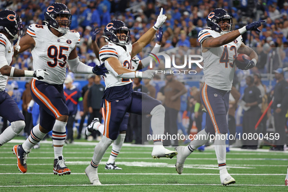 Chicago Bears linebacker DeMarquis Gates (43) celebrates after a fumble recovery during the second half of an NFL football game between the...