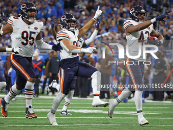 Chicago Bears linebacker DeMarquis Gates (43) celebrates after a fumble recovery during the second half of an NFL football game between the...