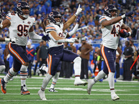 Chicago Bears linebacker DeMarquis Gates (43) celebrates after a fumble recovery during the second half of an NFL football game between the...