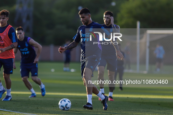 Cristian 'Cuti' Romero kicks the ball during a training session at 'Lionel Andres Messi' Training Camp on November 14, 2023 in Ezeiza, Argen...