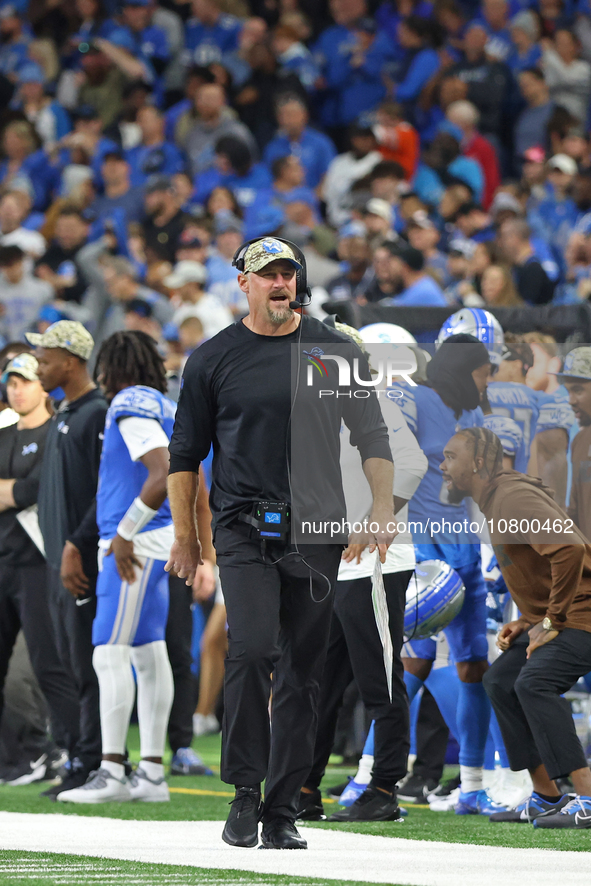 Detroit Lions head coach Dan Campbell reacts to a play during the second half of an NFL football game between the Chicago Bears and the Detr...