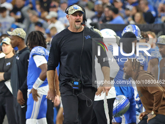 Detroit Lions head coach Dan Campbell reacts to a play during the second half of an NFL football game between the Chicago Bears and the Detr...