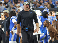 Detroit Lions head coach Dan Campbell reacts to a play during the second half of an NFL football game between the Chicago Bears and the Detr...