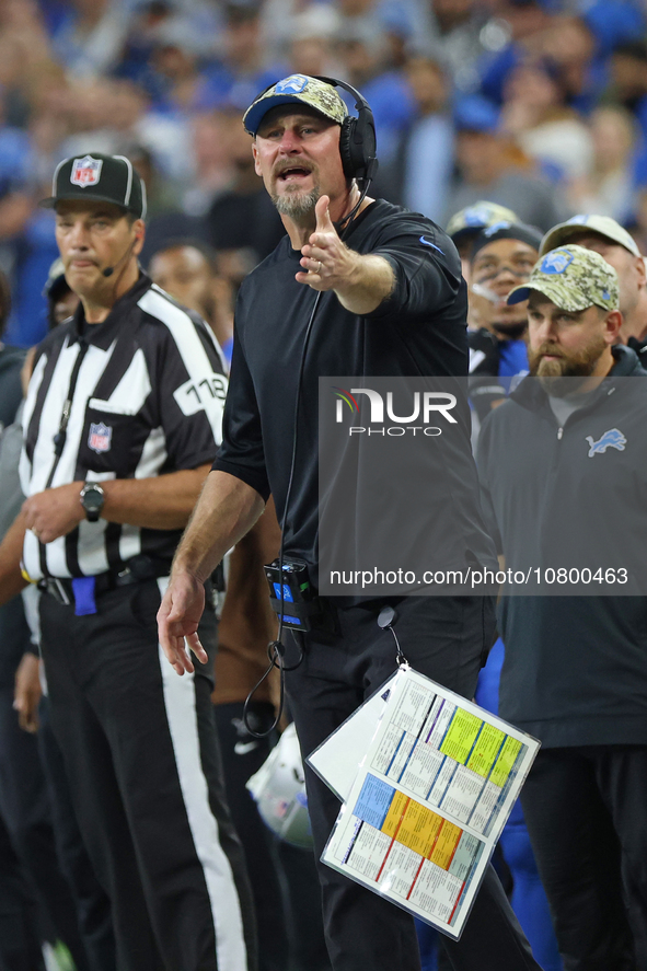 Detroit Lions head coach Dan Campbell reacts to a play during the second half of an NFL football game between the Chicago Bears and the Detr...