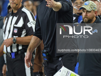 Detroit Lions head coach Dan Campbell reacts to a play during the second half of an NFL football game between the Chicago Bears and the Detr...