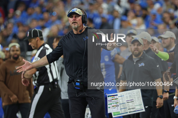 Detroit Lions head coach Dan Campbell reacts to a play during the second half of an NFL football game between the Chicago Bears and the Detr...