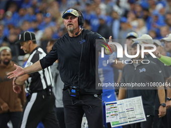 Detroit Lions head coach Dan Campbell reacts to a play during the second half of an NFL football game between the Chicago Bears and the Detr...