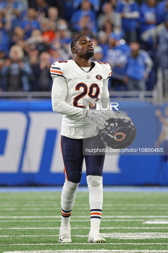 Chicago Bears cornerback Tyrique Stevenson (29) walks off the field after the conclusion of an NFL football game between the Chicago Bears a...