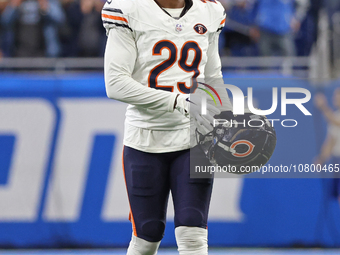 Chicago Bears cornerback Tyrique Stevenson (29) walks off the field after the conclusion of an NFL football game between the Chicago Bears a...