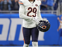 Chicago Bears cornerback Tyrique Stevenson (29) walks off the field after the conclusion of an NFL football game between the Chicago Bears a...