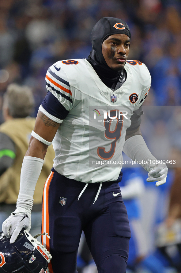 Chicago Bears safety Jaquan Brisker (9) walks off the field after the conclusion of an NFL football game between the Chicago Bears and the D...