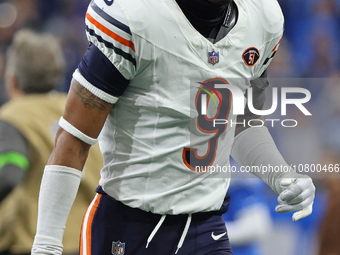 Chicago Bears safety Jaquan Brisker (9) walks off the field after the conclusion of an NFL football game between the Chicago Bears and the D...