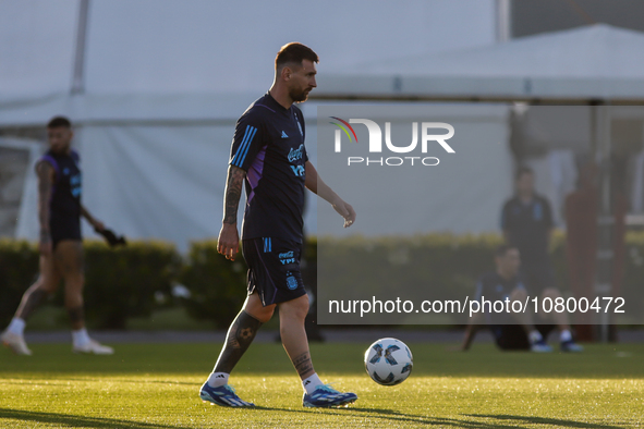 Lionel Messi during a training session at 'Lionel Andres Messi' Training Camp on November 14, 2023 in Ezeiza, Argentina. 