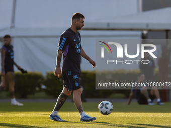 Lionel Messi during a training session at 'Lionel Andres Messi' Training Camp on November 14, 2023 in Ezeiza, Argentina. (