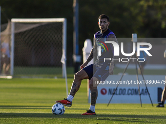 Leandro Paredes during a training session at 'Lionel Andres Messi' Training Camp on November 14, 2023 in Ezeiza, Argentina. (