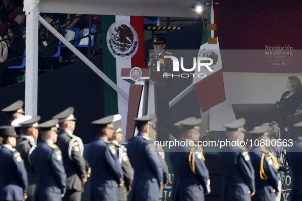 November 20, 2023, Mexico City, Mexico: Secretary of National Defense, Luis Crescencio Sandoval in his message at the Civic Military Parade...