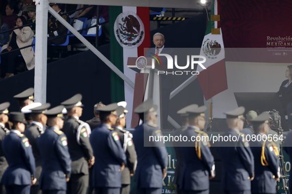 November 20, 2023, Mexico City, Mexico: The president of Mexico, Andres Manuel Lopez Obrador presides over the Civic Military Parade for the...