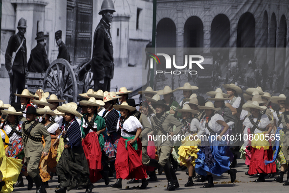 November 20, 2023, Mexico City, Mexico: Military personnel participate in costumes in the representations of scenes from the Mexican Revolut...