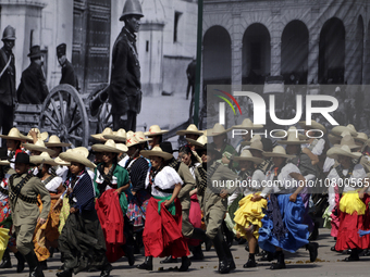 November 20, 2023, Mexico City, Mexico: Military personnel participate in costumes in the representations of scenes from the Mexican Revolut...