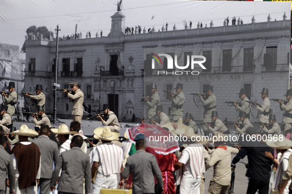 November 20, 2023, Mexico City, Mexico: Military personnel participate in costumes in the representations of scenes from the Mexican Revolut...