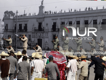 November 20, 2023, Mexico City, Mexico: Military personnel participate in costumes in the representations of scenes from the Mexican Revolut...