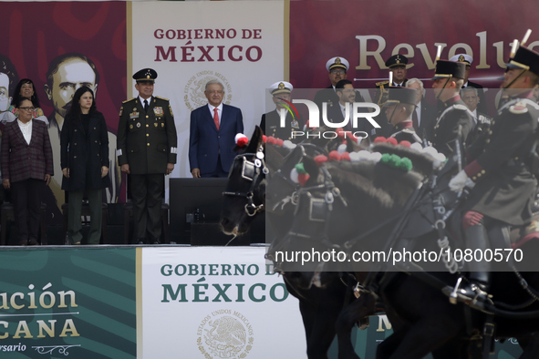 November 20, 2023, Mexico City, Mexico: The president of Mexico, Andres Manuel Lopez Obrador presides over the Civic Military Parade for the...