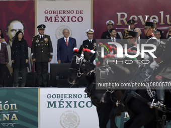 November 20, 2023, Mexico City, Mexico: The president of Mexico, Andres Manuel Lopez Obrador presides over the Civic Military Parade for the...