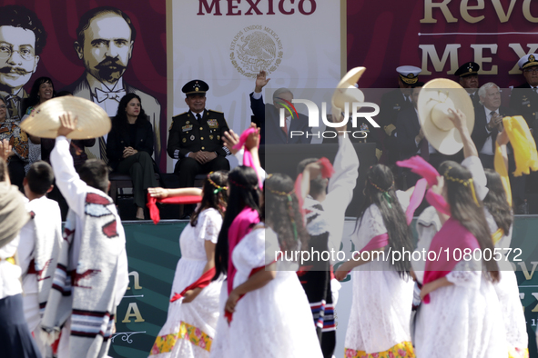 November 20, 2023, Mexico City, Mexico: The president of Mexico, Andres Manuel Lopez Obrador presides over the Civic Military Parade for the...