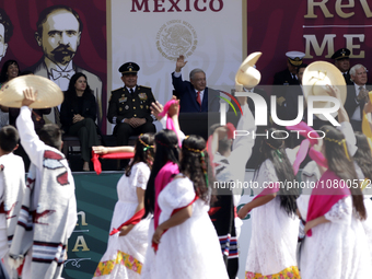 November 20, 2023, Mexico City, Mexico: The president of Mexico, Andres Manuel Lopez Obrador presides over the Civic Military Parade for the...