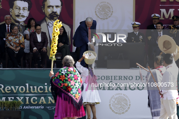 November 20, 2023, Mexico City, Mexico: The president of Mexico, Andres Manuel Lopez Obrador presides over the Civic Military Parade for the...