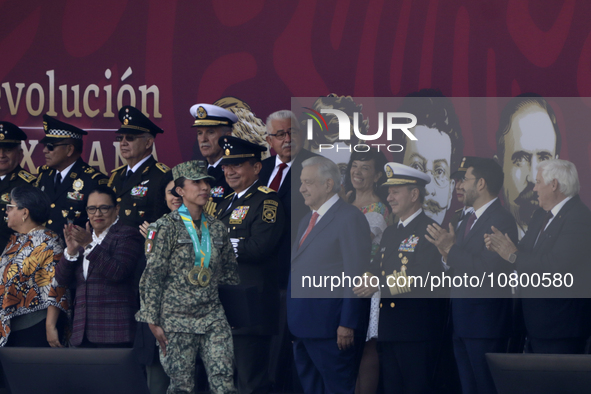 November 20, 2023, Mexico City, Mexico: The president of Mexico, Andres Manuel Lopez Obrador presides over the Civic Military Parade for the...