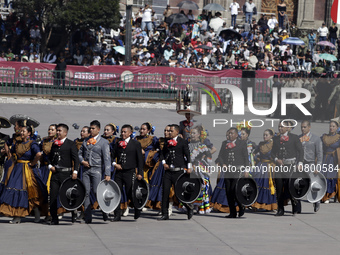 November 20, 2023, Mexico City, Mexico: Military personnel participate in costumes in the representations of scenes from the Mexican Revolut...