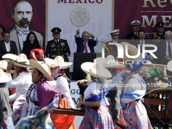 November 20, 2023, Mexico City, Mexico: The president of Mexico, Andres Manuel Lopez Obrador presides over the Civic Military Parade for the...